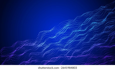 Abstract Wave Pattern With Dot. Blue And Purple Big Data Background For Ai Concept. Tech Sound Design.  Abstract Presentation Of Metaverse Connection And Art. Wavy Dots Noise Bg.
