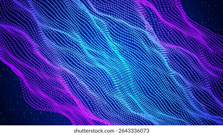 Abstract Wave Pattern With Dot. Blue And Purple Big Data Background For Ai Concept. Tech Sound Design.  Wide Visual Surface Of Violet Power And Halftone Vortex. Wavy Dots Noise Bg.