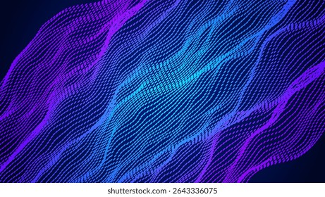 Abstract Wave Pattern With Dot. Blue And Purple Big Data Background For Ai Concept. Tech Sound Design.  Colorful Fluid Form With 5g Motion And Internet Connection. Wavy Dots Noise Bg.