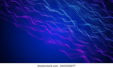Abstract Wave Pattern With Dot. Blue And Purple Big Data Background For Ai Concept. Tech Sound Design.  Point Array With Motion And Shiny Computer Warp Surface. Wavy Dots Noise Bg.