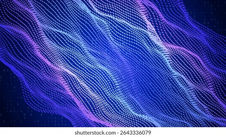 Abstract Wave Pattern With Dot. Blue And Purple Big Data Background For Ai Concept. Tech Sound Design.  Magic Structure In Cyberspace With Fantasy Motion And Flux. Wavy Dots Noise Bg.