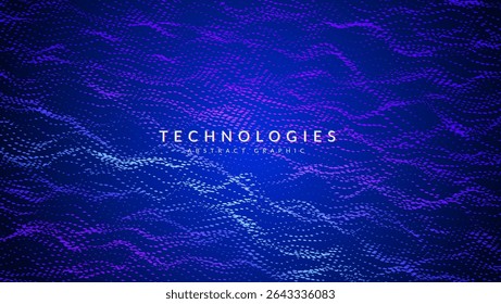 Abstract Wave Pattern With Dot. Blue And Purple Big Data Background For Ai Concept. Tech Sound Design.  Communication Cover In Flux With Cosmic Neon Stream. Wavy Dots Noise Bg.