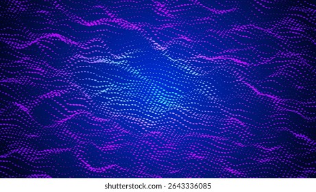 Abstract Wave Pattern With Dot. Blue And Purple Big Data Background For Ai Concept. Tech Sound Design.  Communication Cover In Flux With Cosmic Neon Stream. Wavy Dots Noise Bg.