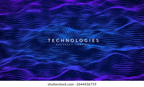 Abstract Wave Pattern With Dot. Blue And Purple Big Data Background For Ai Concept. Tech Sound Design.  Communication Cover In Flux With Cosmic Neon Stream. Wavy Dots Noise Bg.
