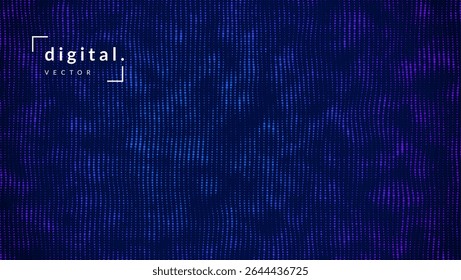 Abstract Wave Pattern With Dot. Blue And Purple Big Data Background For Ai Concept. Tech Sound Design.  Point Array With Motion And Shiny Computer Warp Surface. Wavy Dots Noise Bg.