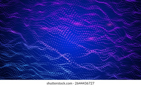 Abstract Wave Pattern With Dot. Blue And Purple Big Data Background For Ai Concept. Tech Sound Design.  Panoramic Wire Structure With Cosmic Intelligence And Art. Wavy Dots Noise Bg.