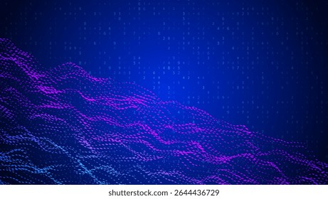 Abstract Wave Pattern With Dot. Blue And Purple Big Data Background For Ai Concept. Tech Sound Design.  Technical Wireframe Template For Software And Communication. Wavy Dots Noise Bg.