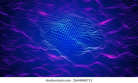 Abstract Wave Pattern With Dot. Blue And Purple Big Data Background For Ai Concept. Tech Sound Design.  Artificial Intelligence Stream In Pink Glowing Harmony. Wavy Dots Noise Bg.