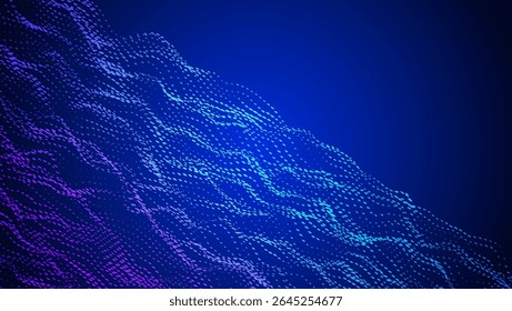 Abstract Wave Pattern With Dot. Blue And Purple Big Data Background For Ai Concept. Tech Sound Design.  Colorful Fluid Form With 5g Motion And Internet Connection. Wavy Dots Noise Bg.