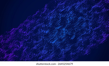 Abstract Wave Pattern With Dot. Blue And Purple Big Data Background For Ai Concept. Tech Sound Design.  VR Landscape With Stylish Glowing Net And Research System. Wavy Dots Noise Bg.