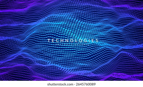 Abstract Wave Pattern With Dot. Blue And Purple Big Data Background For Ai Concept. Tech Sound Design.  Electric Fractal Surface With Bright Neon Ripple And Warp. Wavy Dots Noise Bg.