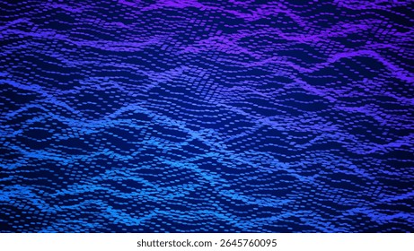 Abstract Wave Pattern With Dot. Blue And Purple Big Data Background For Ai Concept. Tech Sound Design.  Magic Structure In Cyberspace With Fantasy Motion And Flux. Wavy Dots Noise Bg.