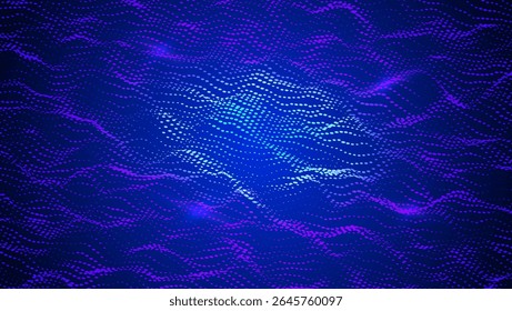 Abstract Wave Pattern With Dot. Blue And Purple Big Data Background For Ai Concept. Tech Sound Design.  Abstract Presentation Of Metaverse Connection And Art. Wavy Dots Noise Bg.