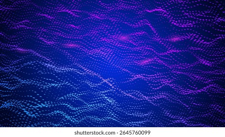 Abstract Wave Pattern With Dot. Blue And Purple Big Data Background For Ai Concept. Tech Sound Design.  Abstract Presentation Of Metaverse Connection And Art. Wavy Dots Noise Bg.