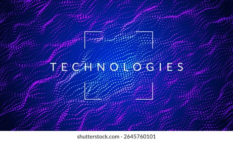 Abstract Wave Pattern With Dot. Blue And Purple Big Data Background For Ai Concept. Tech Sound Design.  Panoramic Wire Structure With Cosmic Intelligence And Art. Wavy Dots Noise Bg.