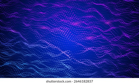 Abstract Wave Pattern With Dot. Blue And Purple Big Data Background For Ai Concept. Tech Sound Design.  Geometric Wireframe With Violet Neon Points In Wide Cyberspace. Wavy Dots Noise Bg.