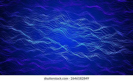 Abstract Wave Pattern With Dot. Blue And Purple Big Data Background For Ai Concept. Tech Sound Design.  Geometric Wireframe With Violet Neon Points In Wide Cyberspace. Wavy Dots Noise Bg.