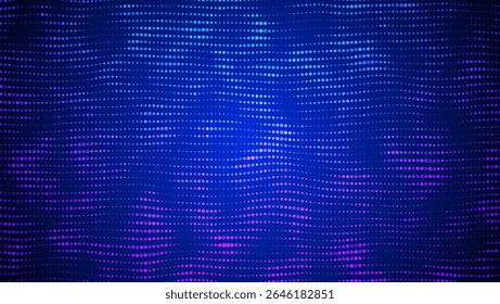 Abstract Wave Pattern With Dot. Blue And Purple Big Data Background For Ai Concept. Tech Sound Design.  Artificial Intelligence Stream In Pink Glowing Harmony. Wavy Dots Noise Bg.