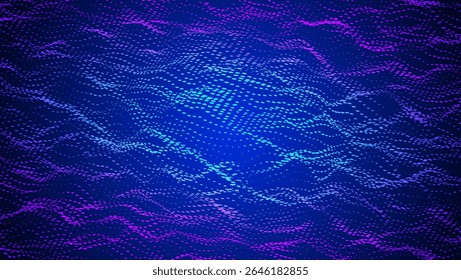 Abstract Wave Pattern With Dot. Blue And Purple Big Data Background For Ai Concept. Tech Sound Design.  Point Array With Motion And Shiny Computer Warp Surface. Wavy Dots Noise Bg.