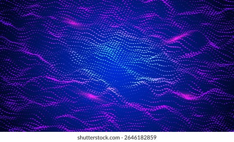 Abstract Wave Pattern With Dot. Blue And Purple Big Data Background For Ai Concept. Tech Sound Design.  Panoramic Wire Structure With Cosmic Intelligence And Art. Wavy Dots Noise Bg.