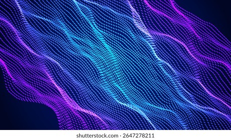 Motif D'Onde Abstrait Avec Point. Arrière-Plan Big Data Bleu Et Violet Pour Ai Concept. Conception sonore technique.  Transfert Électrique Par Réseau De Fractale Et Large Forme. Bruit Des Points Ondulés Bg.