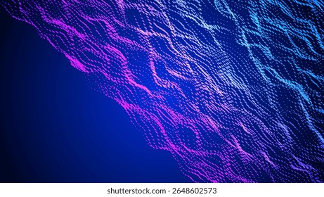 Abstract Wave Pattern With Dot. Blue And Purple Big Data Background For Ai Concept. Tech Sound Design.  Electric Fractal Surface With Bright Neon Ripple And Warp. Wavy Dots Noise Bg.