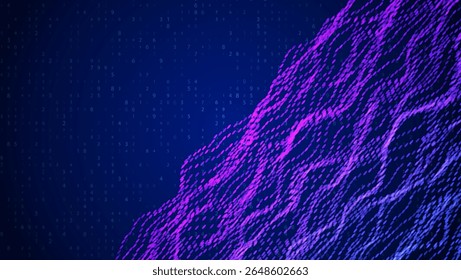 Abstract Wave Pattern With Dot. Blue And Purple Big Data Background For Ai Concept. Tech Sound Design.  Colorful Fluid Form With 5g Motion And Internet Connection. Wavy Dots Noise Bg.