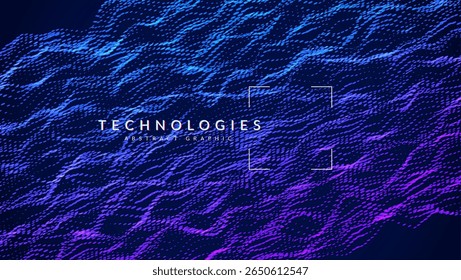 Abstract Wave Pattern With Dot. Blue And Purple Big Data Background For Ai Concept. Tech Sound Design.  Point Array With Motion And Shiny Computer Warp Surface. Wavy Dots Noise Bg.