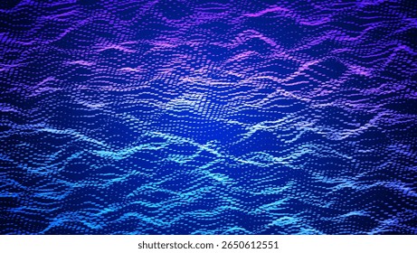 Abstract Wave Pattern With Dot. Blue And Purple Big Data Background For Ai Concept. Tech Sound Design.  Abstract Flux In Motion With Glowing Pink Stream And Vortex. Wavy Dots Noise Bg.
