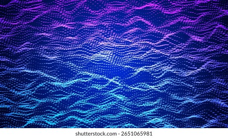 Abstract Wave Pattern With Dot. Blue And Purple Big Data Background For Ai Concept. Tech Sound Design.  Point Array With Motion And Shiny Computer Warp Surface. Wavy Dots Noise Bg.