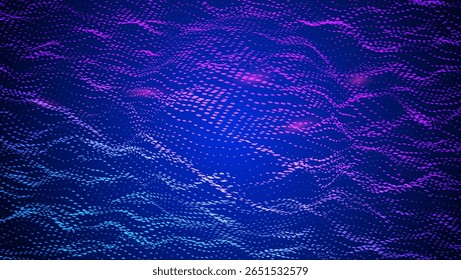 Abstract Wave Pattern With Dot. Blue And Purple Big Data Background For Ai Concept. Tech Sound Design.  Panoramic Wire Structure With Cosmic Intelligence And Art. Wavy Dots Noise Bg.