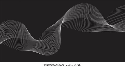 Abstract Wave Pattern in Elegant Motion with Soft White and Gray Tones Flowing Over a Black Background – A Refined Choice for Business Cards and Artistic Event Banners