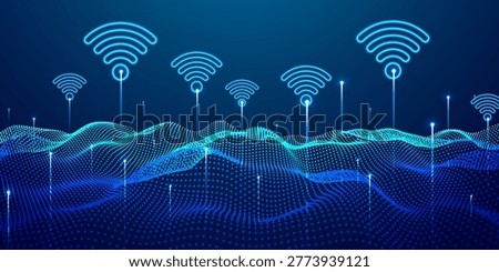 abstract wave pattern with glowing dots and lines, network data flow, digital technology, internet of things concept.