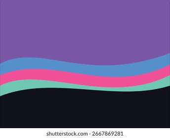 Abstract wave pattern with layered colorful curves in purple, pink, teal, and black. Modern minimal vector background suitable for t-shirts, posters, digital art, and creative design projects.