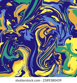 Abstract wave pattern in navy blue and multicolor with psychedelic swirls. Vector liquid acrylic texture. Flow art. Stunning 70s textile background. Illustration vector