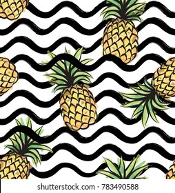 Abstract wave pattern with pineapple. Stylish geometric background. Fruit ornamental wallpaper. Tropical food stripe texture 