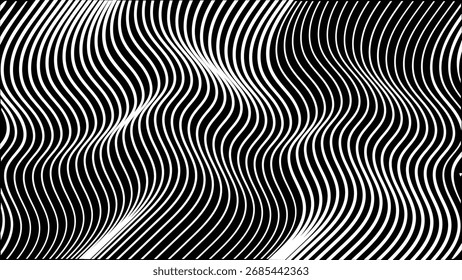 Abstract Wave Pattern With White Lines On Black Background For Modern Design And Art