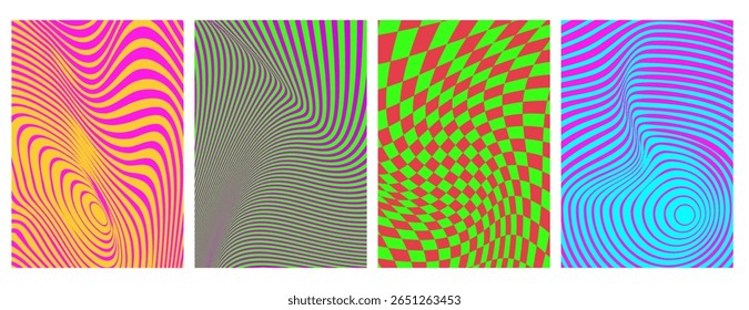Padrões de onda abstratos com ilusões ópticas - listras psicodélicas de neon colorido com efeitos de distorção hipnótica, perspectiva de túnel quadriculado para projetos de pôsteres retrô, elementos gráficos ou trippy bg.