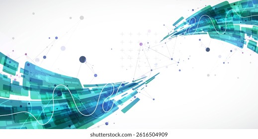 Abstract wave of rectangles with plexus elements. Hand drawn vector.