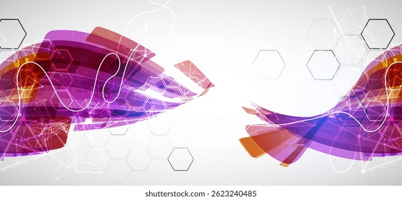 Abstract wave of rectangles with plexus elements. Hand drawn vector.