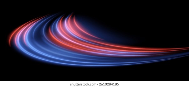 Abstract wave. Red and blue lines in soft swirl with motion blur. Smooth energy path, modern dynamic design.