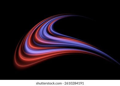 Abstract wave. Red and blue lines in soft swirl with motion blur. Smooth energy path, modern dynamic design.
