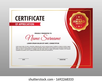 Abstract Wave Red White Gold Certificate Design, Professional Modern Certificate Template Vector