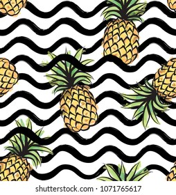 Abstract wave seamless pattern with pineapple. Stylish geometric background. Fruit ornamental wallpaper. Tropical food stripe texture 