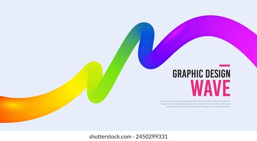 Abstract wave shape with rainbow fluid colors. Gradient color wavy background. Futuristic design poster. Gradient wave shape background. Ribbon with halftone dots pattern. Vector illustration banner