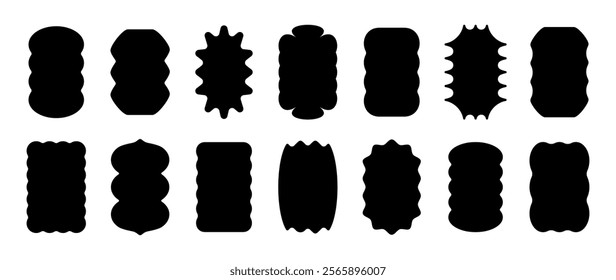 Abstract wave shape stickers. Zig zag wavy shape frames. Vector corrugated rectangular and oval abstract photo frames, text boxes. Scallop edge black geometric stamps. Flat jagged ellipse shapes set