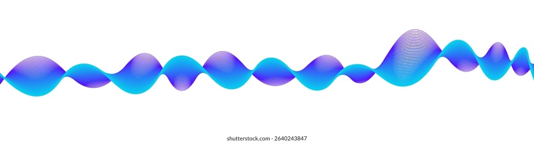 Abstract wave shape with vibrant gradient lines in cyan and purple, resembling audio waveform or digital pulse on white background