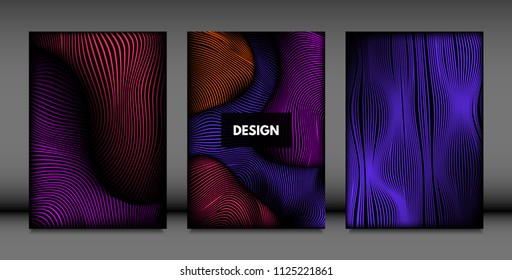 Abstract Wave Shapes. Cover Design Templates Set with Vibrant Gradient and Volume Effect in Futuristic Style. Vector Abstraction with Distorted Lines. Abstract Wavy Shapes for Cover, Magazine, Poster.