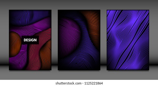 Abstract Wave Shapes. Cover Design Templates Set with Vibrant Gradient and Volume Effect in Futuristic Style. Vector Abstraction with Distorted Lines. Abstract Wavy Shapes for Cover, Magazine, Poster.