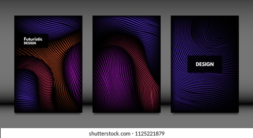 Abstract Wave Shapes. Cover Design Templates Set with Vibrant Gradient and Volume Effect in Futuristic Style. Vector Abstraction with Distorted Lines. Abstract Wavy Shapes for Cover, Magazine, Poster.